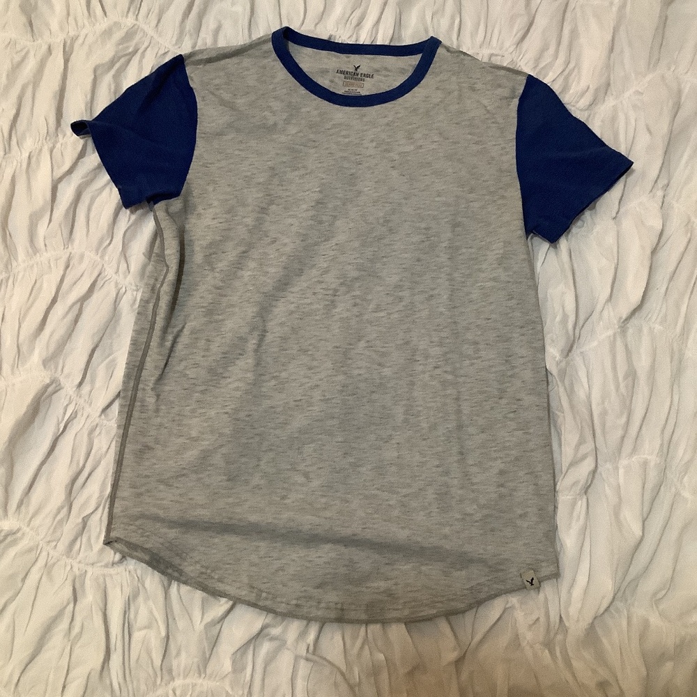 Grey T-Shirt with Royal Blue Sleeves and Colar